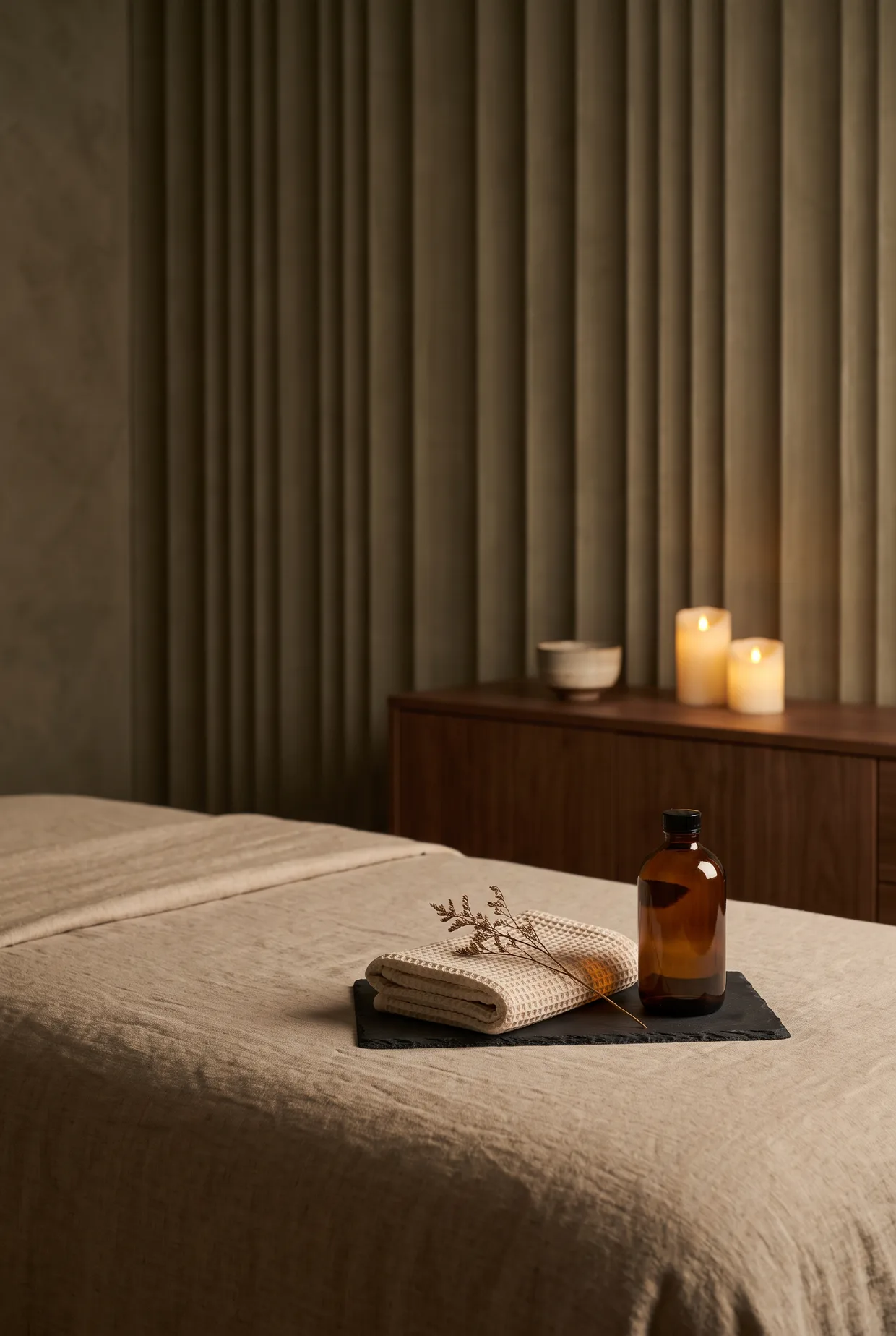 Treatment table made up with linen, a folded towel, an oil bottle and candles