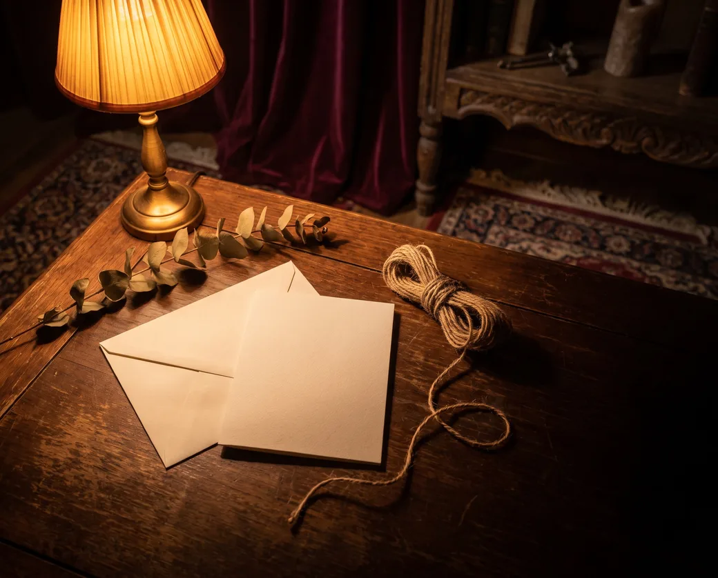 Gift certificate envelopes, twine and eucalyptus on a lamplit wooden desk