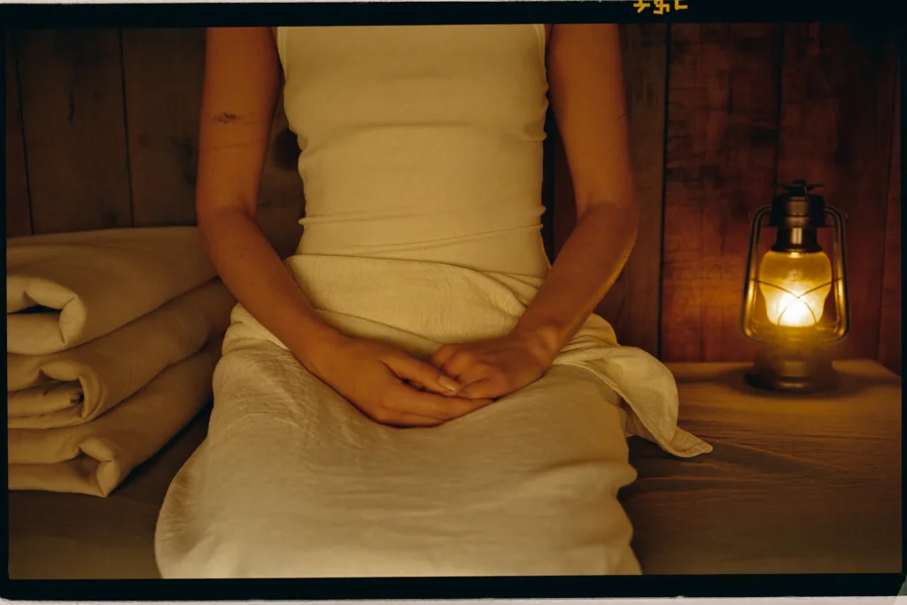 Woman in a white robe resting on a treatment bed by lantern light