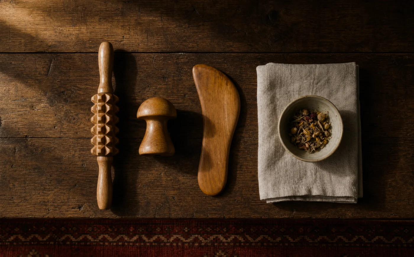 Wooden massage tools - a roller, a cup and a gua sha - beside folded linen and a bowl of herbs